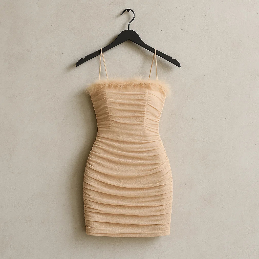 SXY Ruched Mesh Overlay Fuzzy Trim Tie Backless Halter Bodycon Dress
