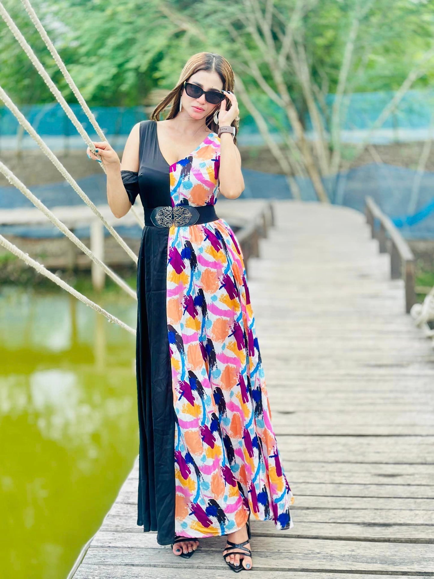 L’Mane Brush Print Colorblock Asymmetrical Dress