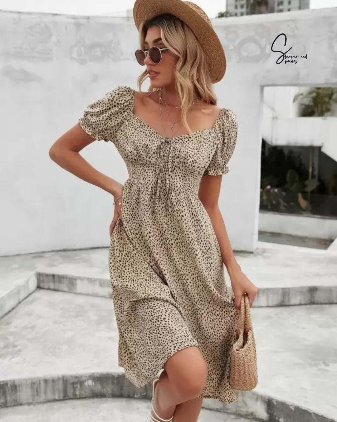 Leopard Print Shirred Frill Trim Dress
