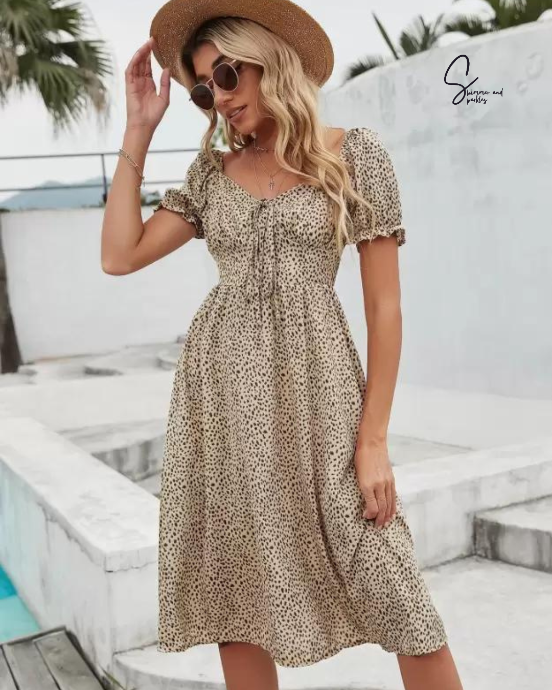 Leopard Print Shirred Frill Trim Dress
