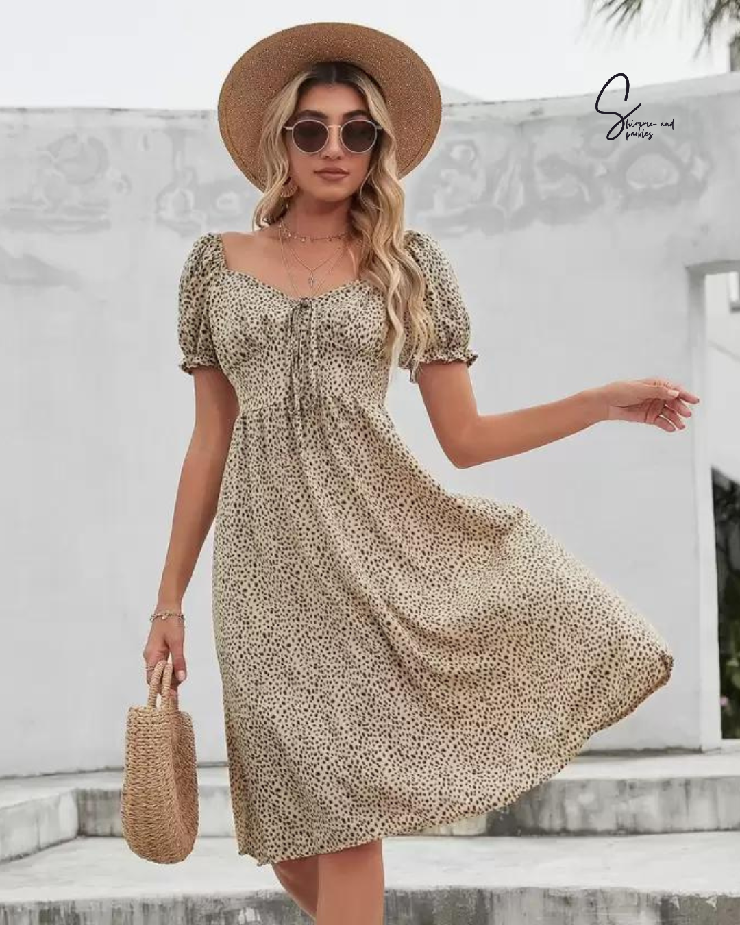 Leopard Print Shirred Frill Trim Dress