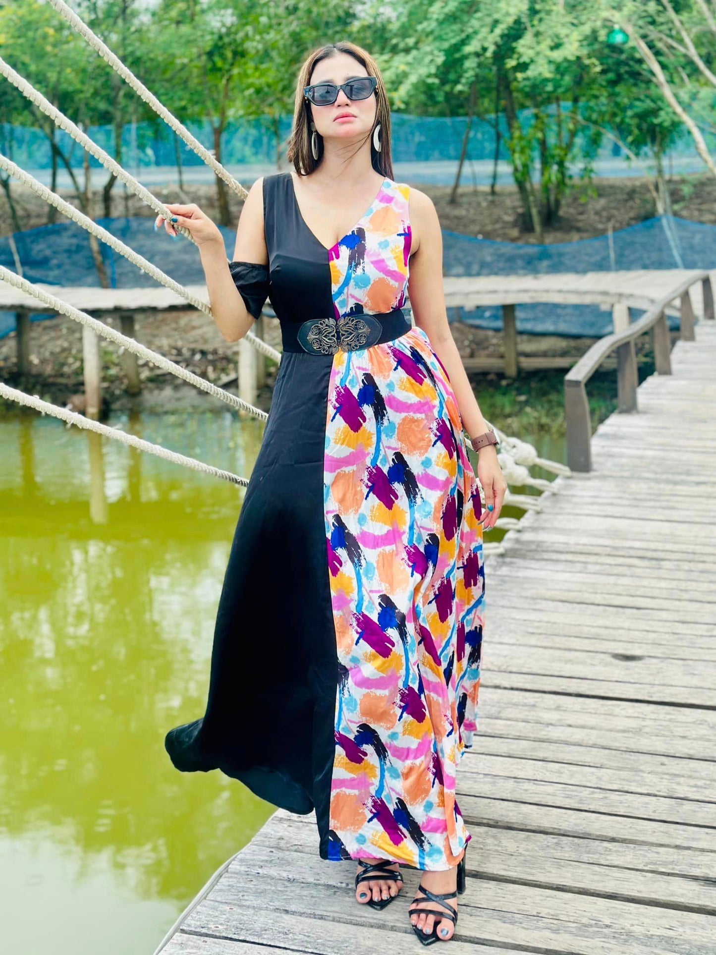 L’Mane Brush Print Colorblock Asymmetrical Dress