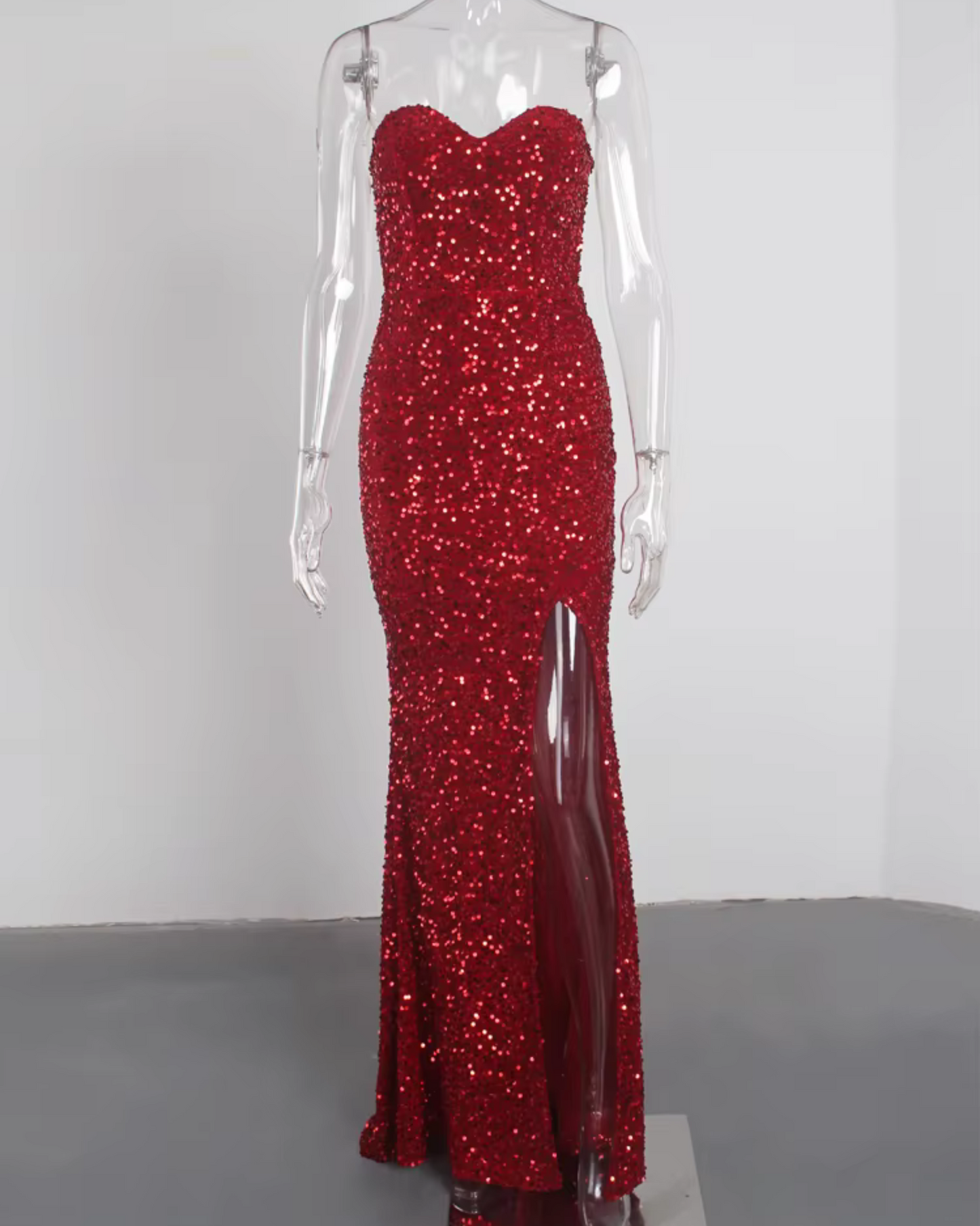 Kisscc Velvet Sequin Formal Women's Evening Dress Strapless Front Split Prom Gown
