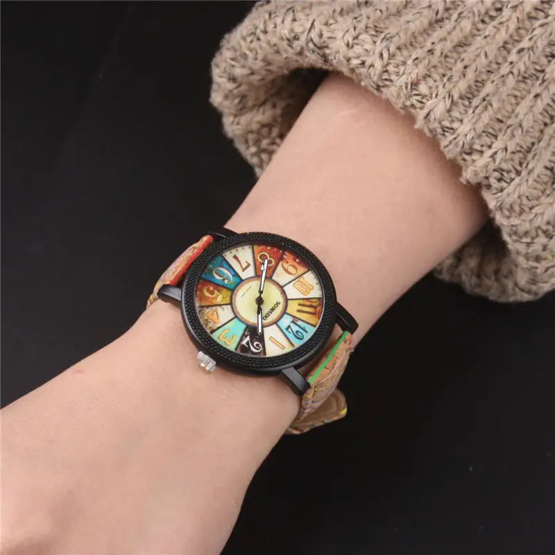 Women Floral Surface Wood Grain Quartz Watch
