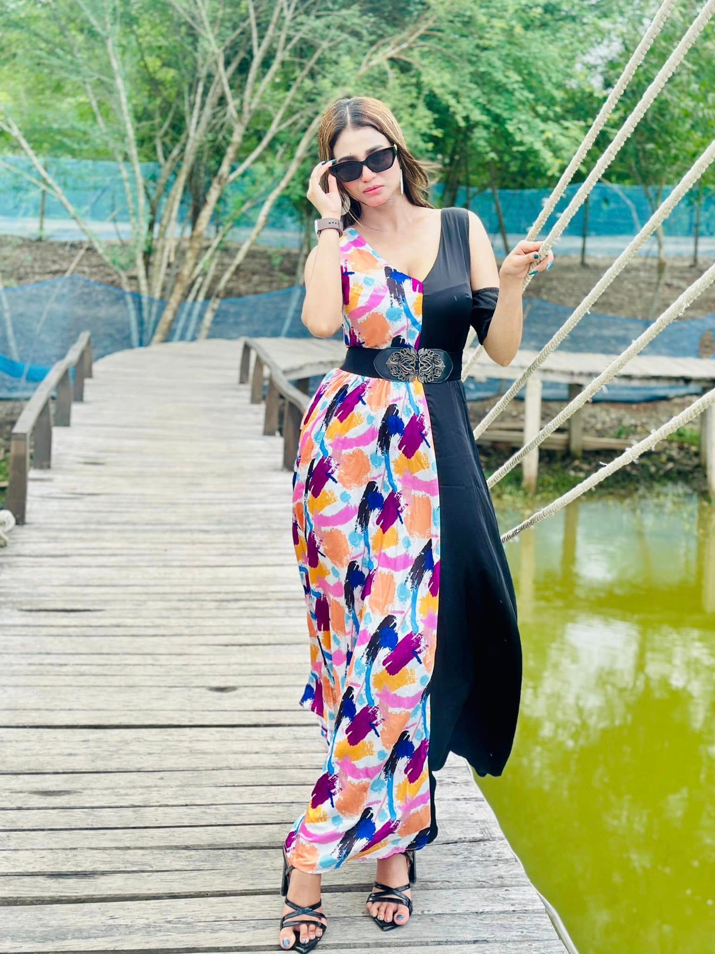 L’Mane Brush Print Colorblock Asymmetrical Dress