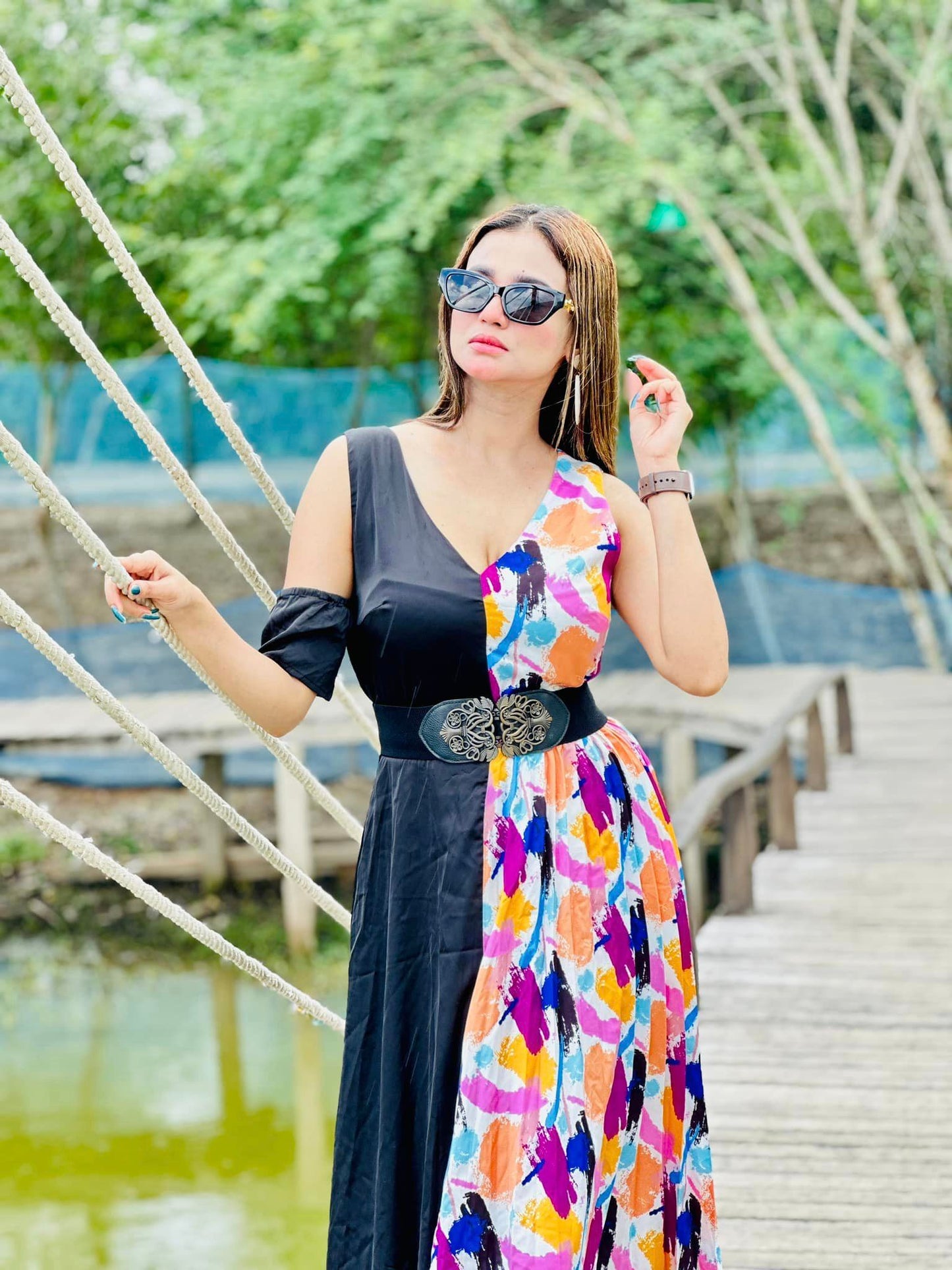 L’Mane Brush Print Colorblock Asymmetrical Dress
