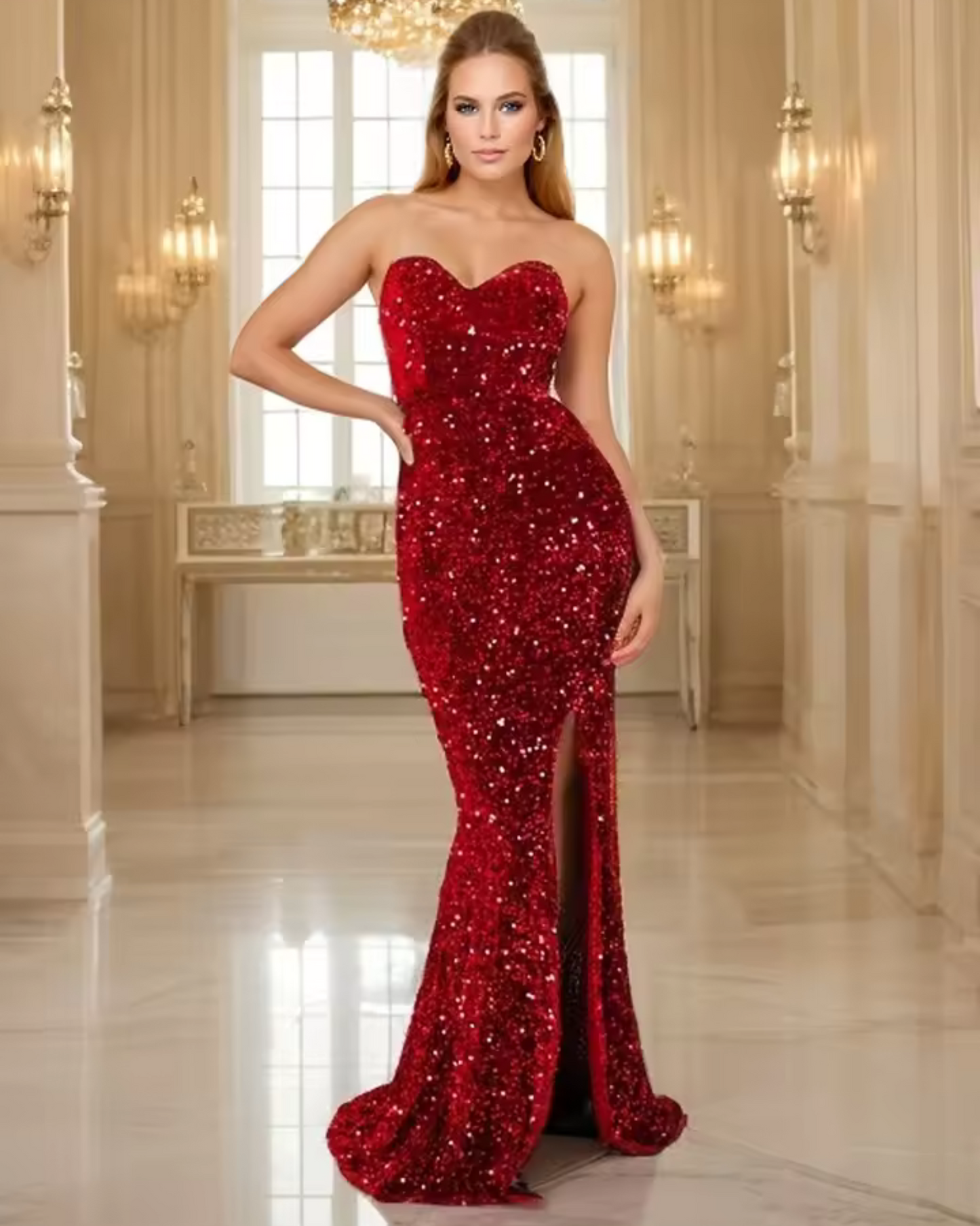 Kisscc Velvet Sequin Formal Women's Evening Dress Strapless Front Split Prom Gown