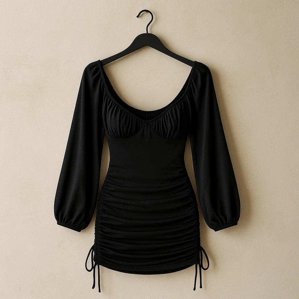 Lantern Sleeve Drawstring Side Ruched Bodycon Dress (Code-161)
