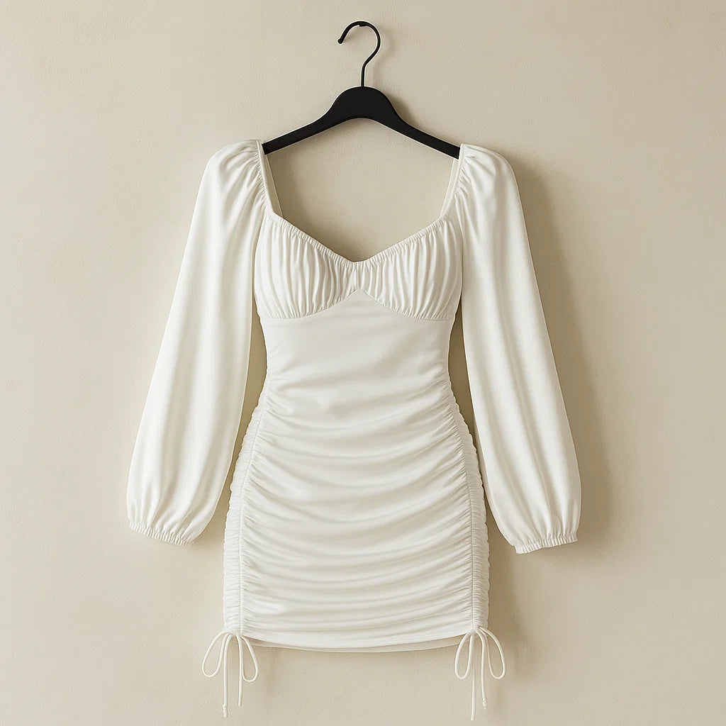 Lantern Sleeve Drawstring Side Ruched Bodycon Dress (Code-161)
