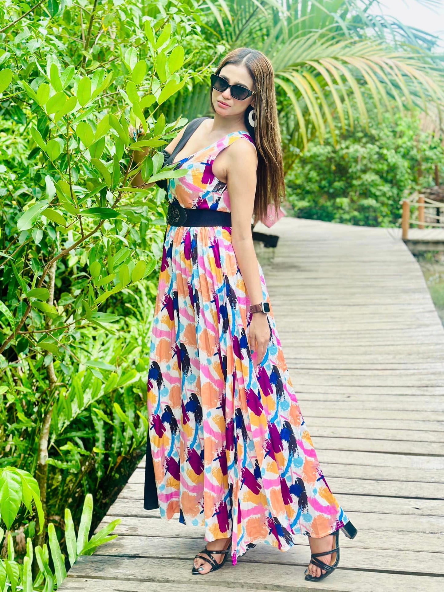 L’Mane Brush Print Colorblock Asymmetrical Dress