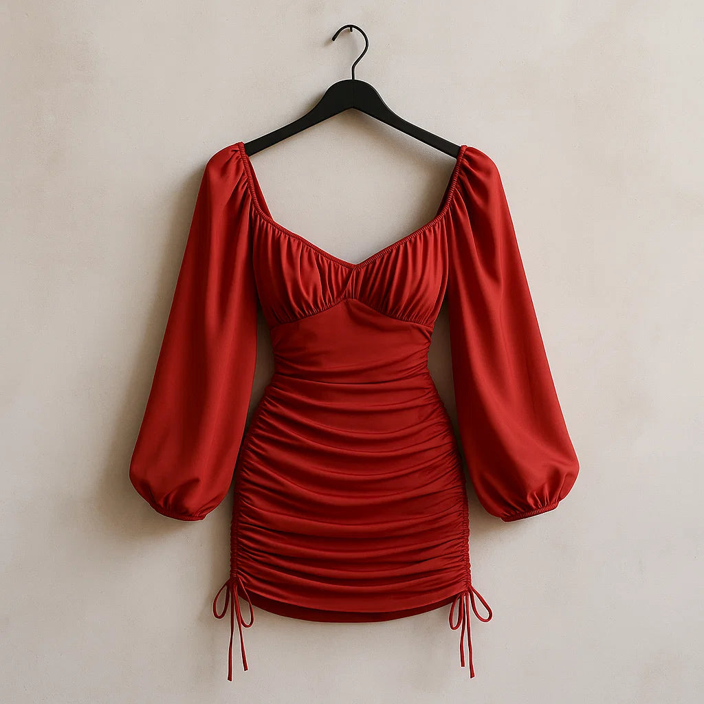 Lantern Sleeve Drawstring Side Ruched Bodycon Dress (Code-161)