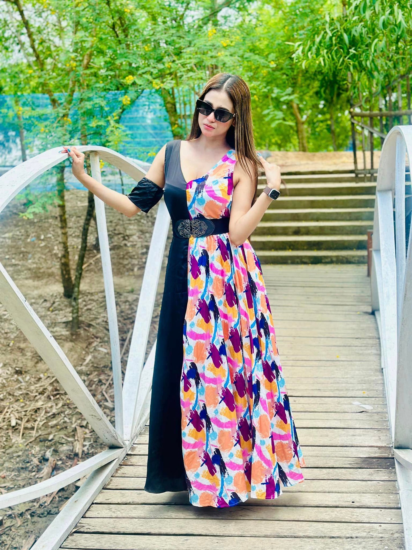 L’Mane Brush Print Colorblock Asymmetrical Dress