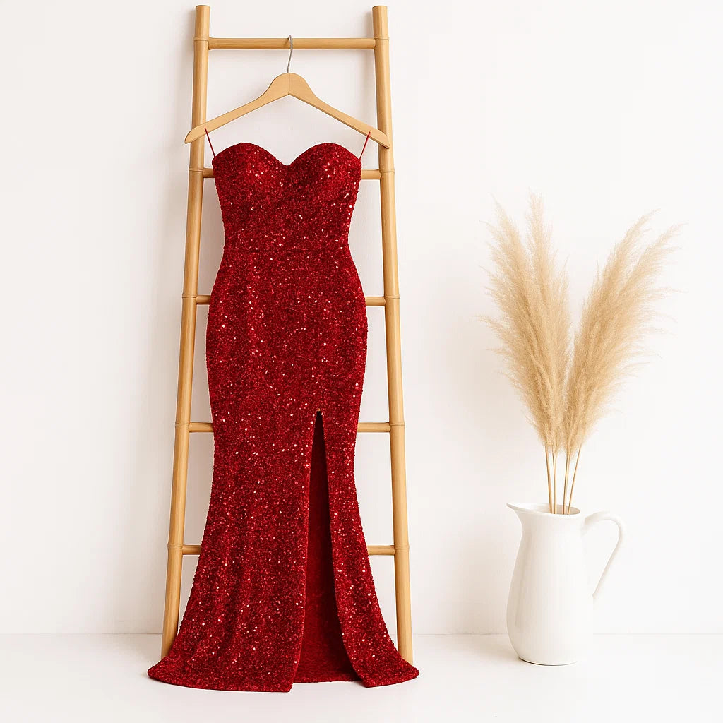 Kisscc Velvet Sequin Women's Strapless Front Split Party Gown