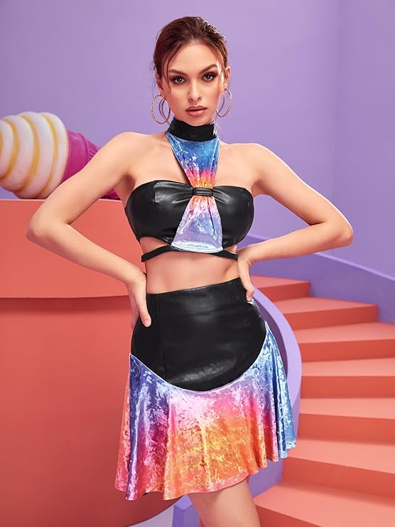 YiFan Yao Colorblock Tie Dye Print Mock Neck Cut Out Crop Top & Skirt Set