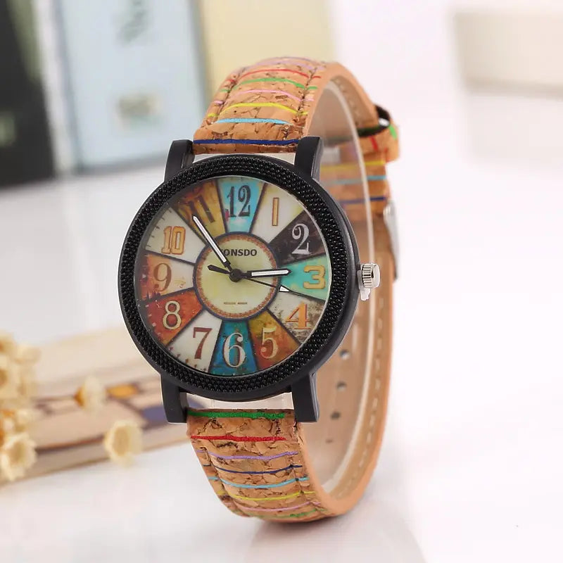 Women Floral Surface Wood Grain Quartz Watch