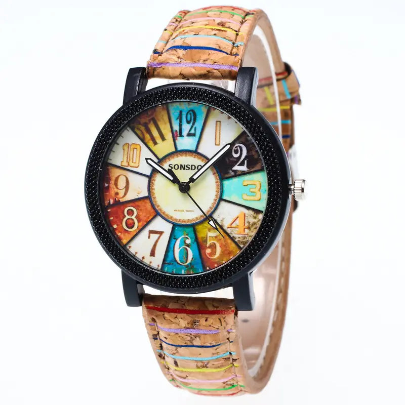 Women Floral Surface Wood Grain Quartz Watch