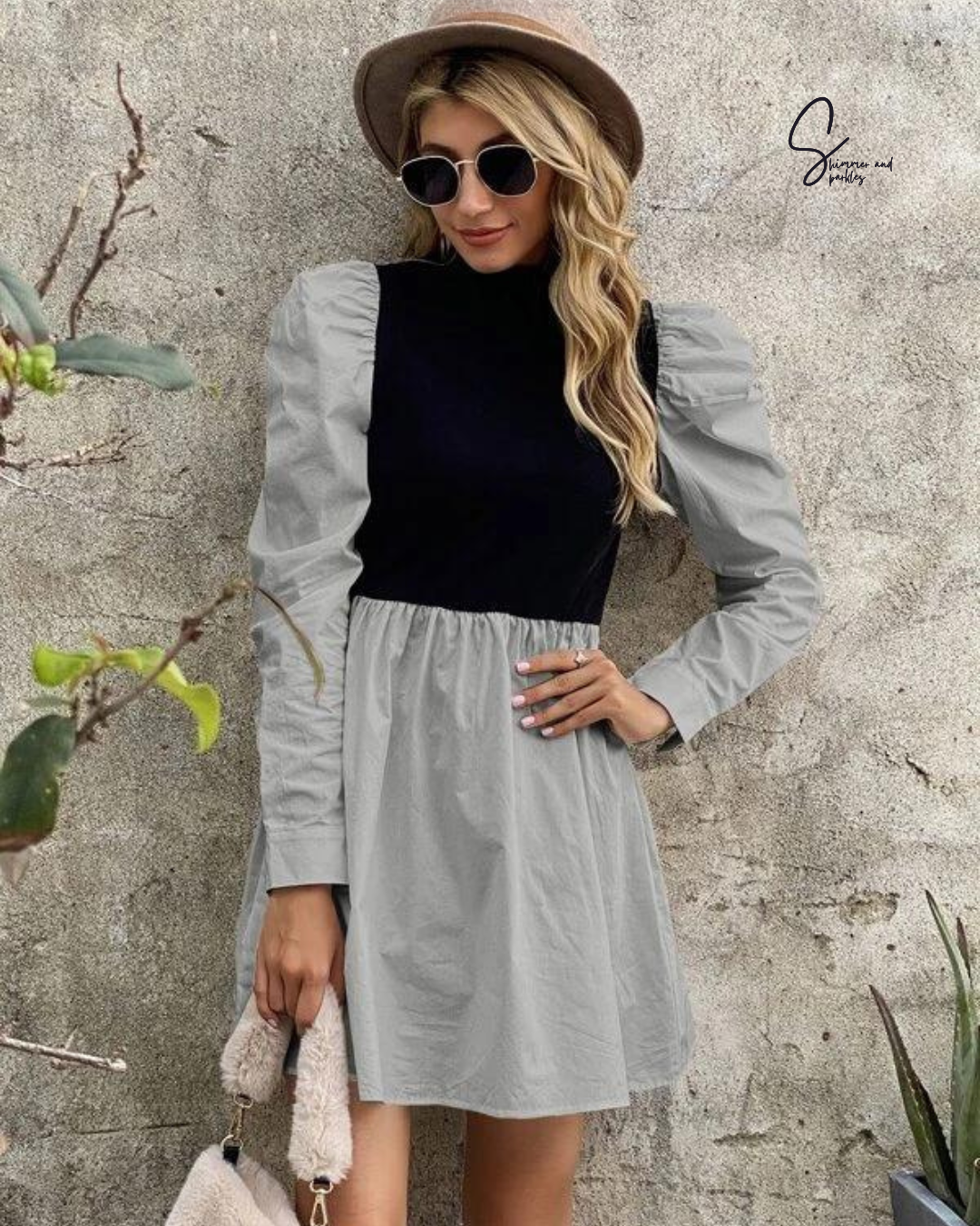 Mock Neck Gigot Sleeve Rib-knit Dress
