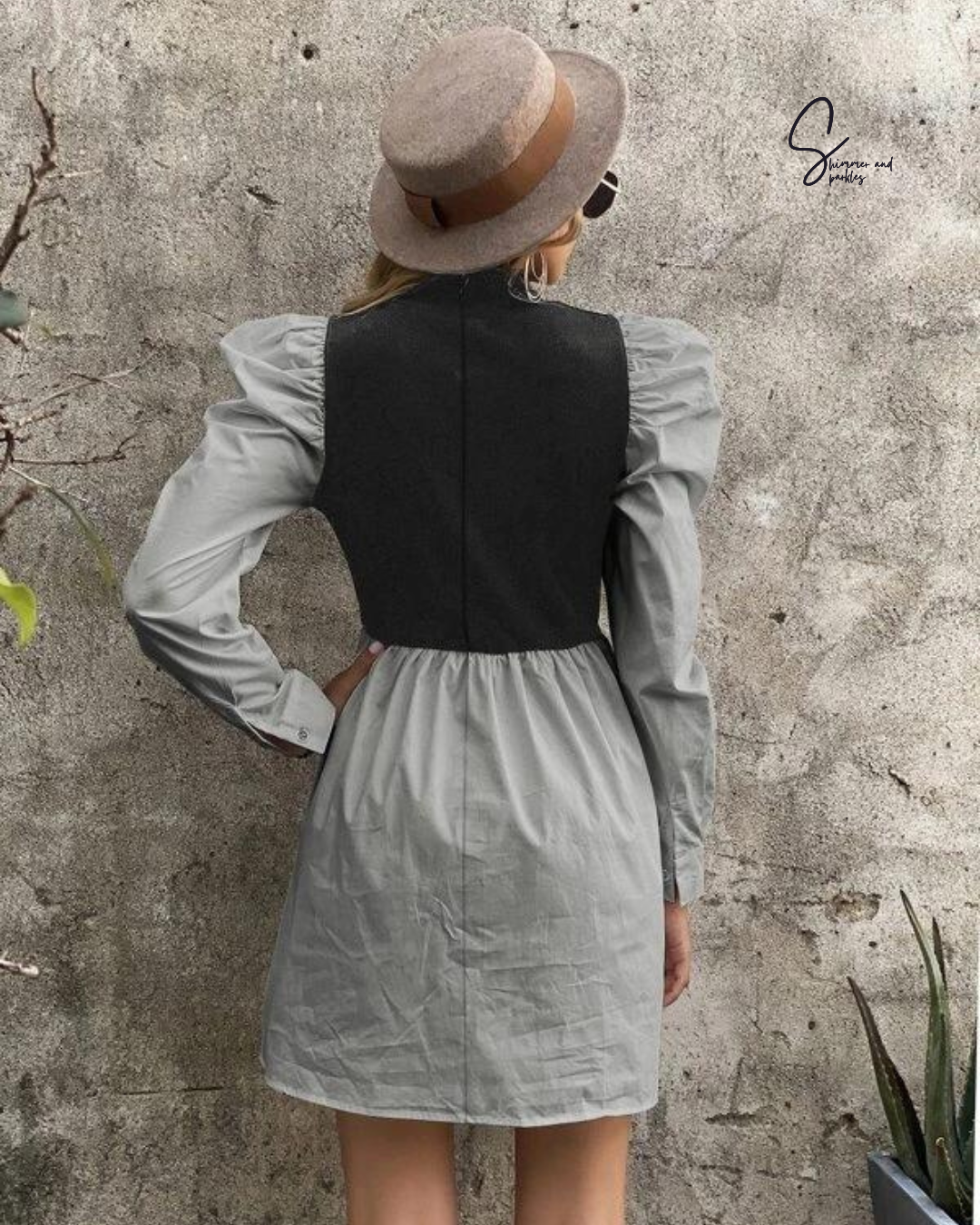 Mock Neck Gigot Sleeve Rib-knit Dress