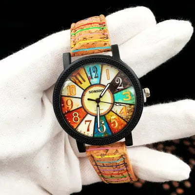 Women Floral Surface Wood Grain Quartz Watch