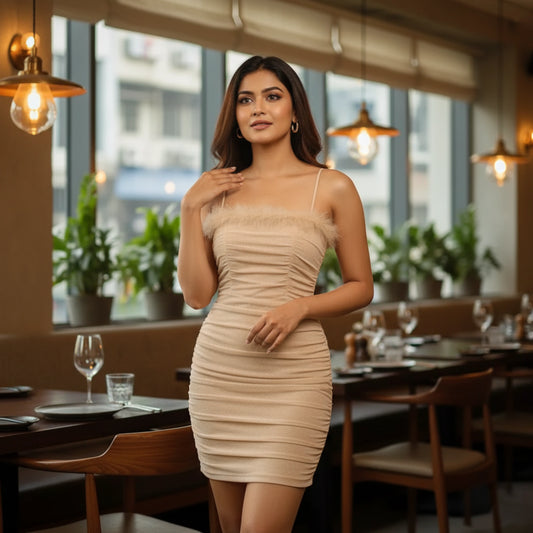 SXY Ruched Mesh Overlay Fuzzy Trim Tie Backless Halter Bodycon Dress