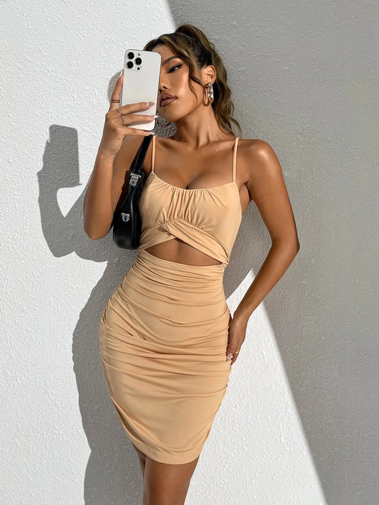 SHEIN Privé Solid Cut Out Ruched Bodycon Dress (Code: 156)