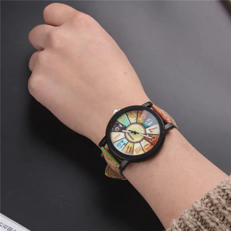 Women Floral Surface Wood Grain Quartz Watch