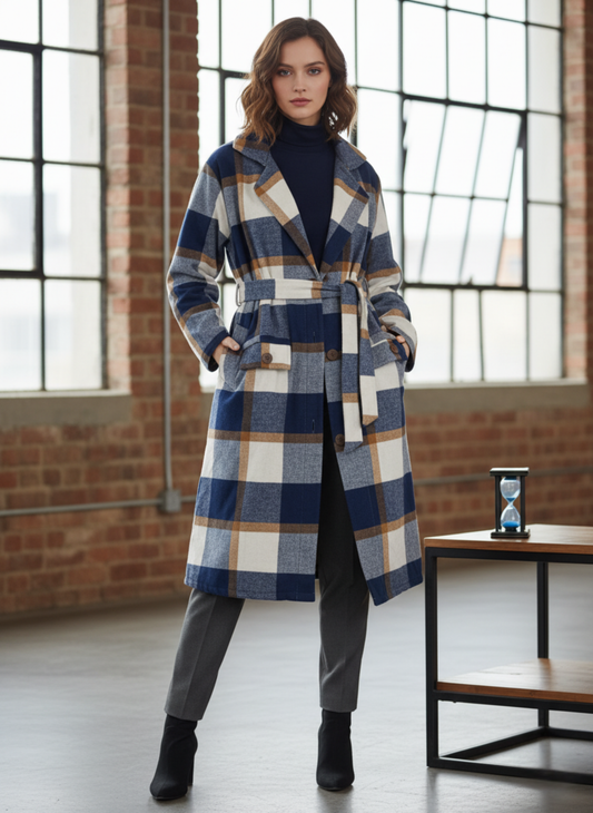 Winter Luxe Plaid Belted Overcoat – Navy & Caramel Check