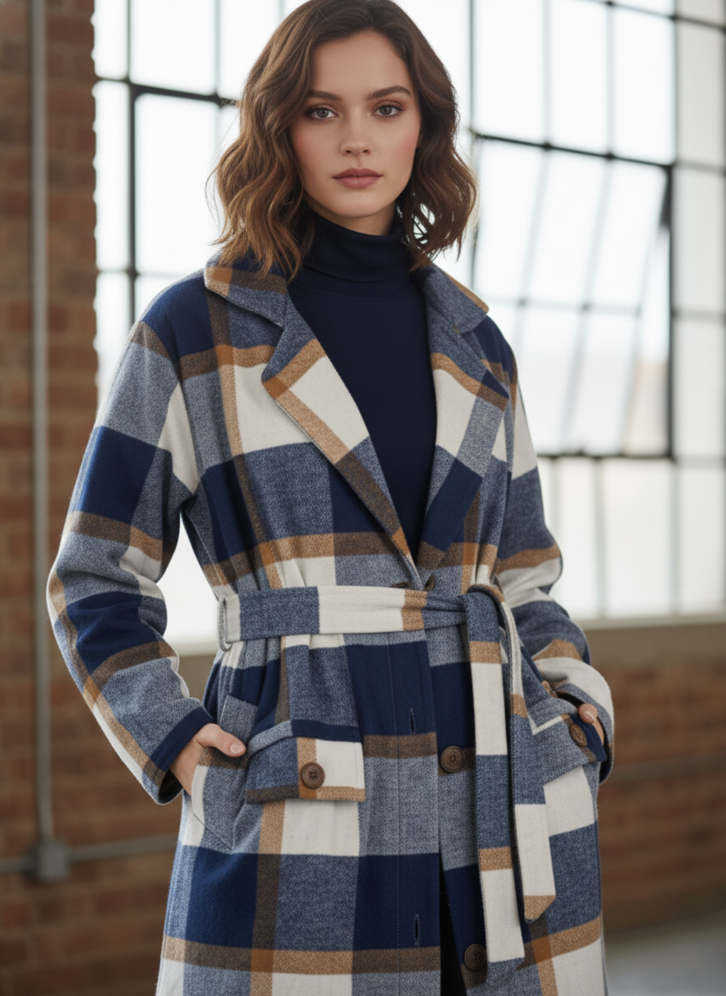 Winter Luxe Plaid Belted Overcoat – Navy & Caramel Check