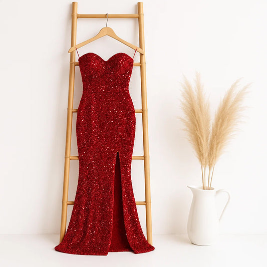 Kisscc Velvet Sequin Women's Strapless Front Split Party Gown